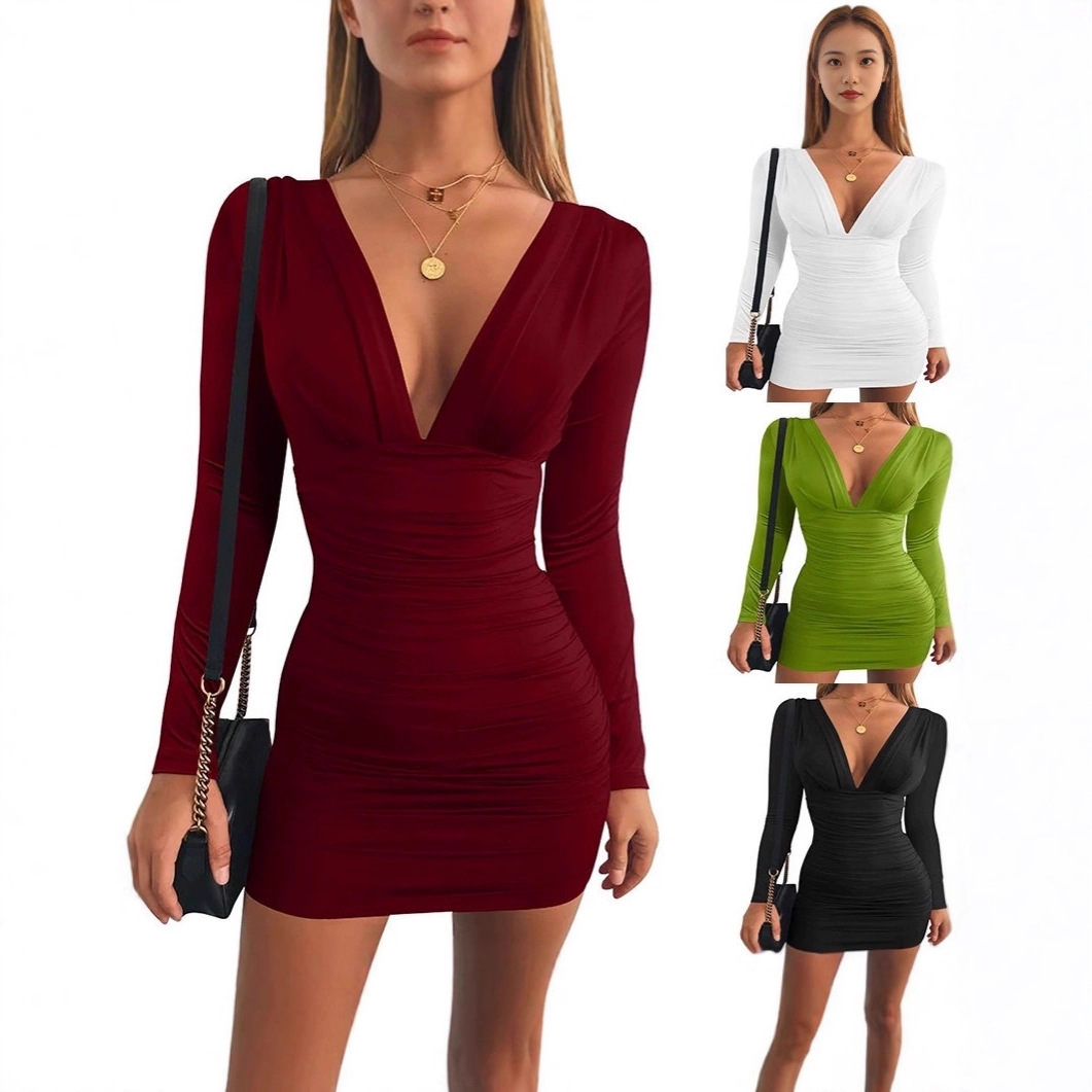 New V-neck Long Sleeve High Waist Sheath Dress For Women