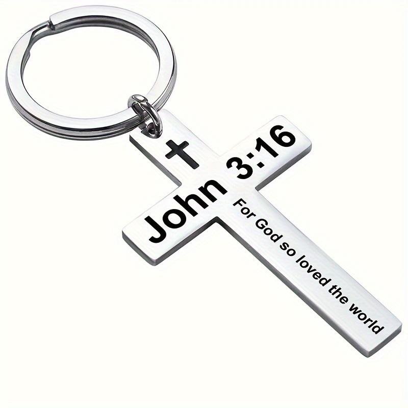 Personality Trend Stainless Steel Faith Cross Scripture Lettering Metal Keychains