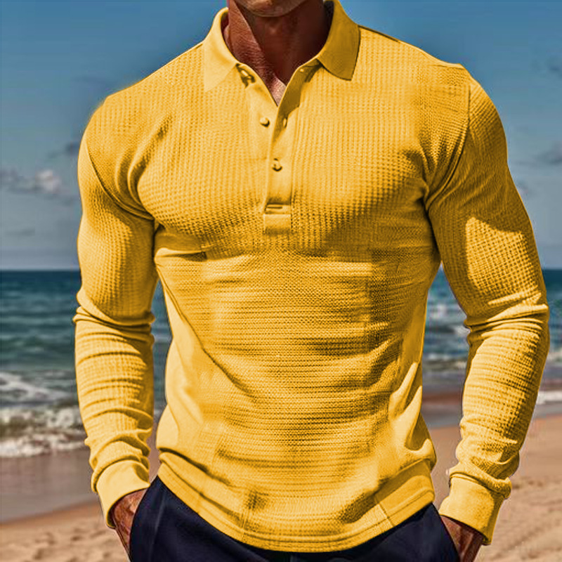 American Men's T-shirt Waffle Casual Polo Collar Button Slim-fit Long Sleeve