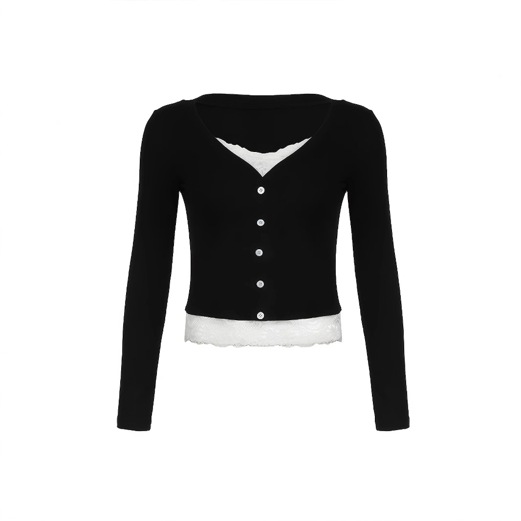 Fake Two-piece Lace Stitching Long-sleeved Women's Clothing