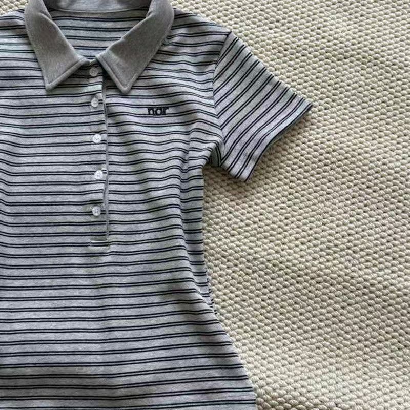 Vintage Stripe Short Sleeve Women's New All-match Design Sense Slim Fit Slimming