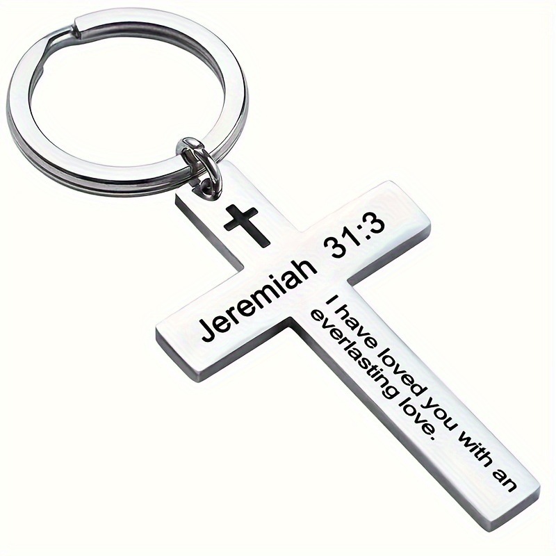 Personality Trend Stainless Steel Faith Cross Scripture Lettering Metal Keychains