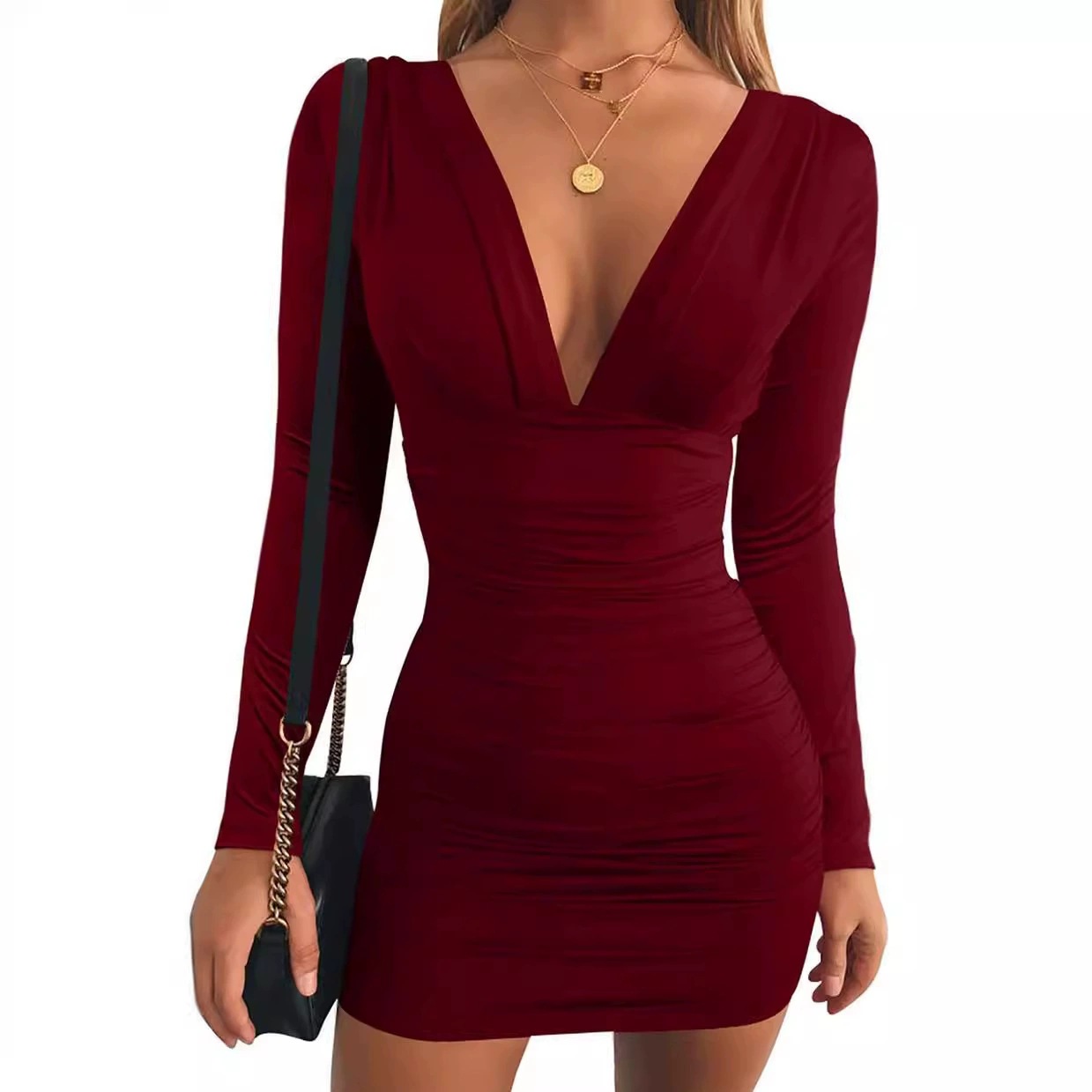 New V-neck Long Sleeve High Waist Sheath Dress For Women