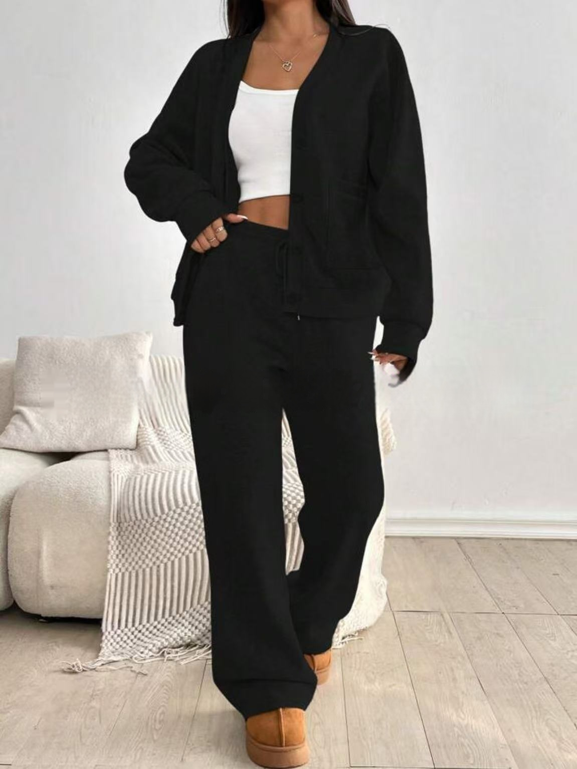 Autumn And Winter Women's Cardigan Jacket Wide Leg Pants Casual Suit