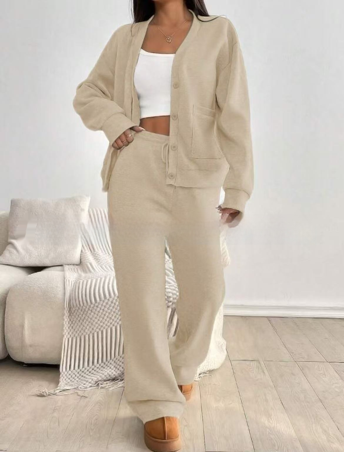 Autumn And Winter Women's Cardigan Jacket Wide Leg Pants Casual Suit