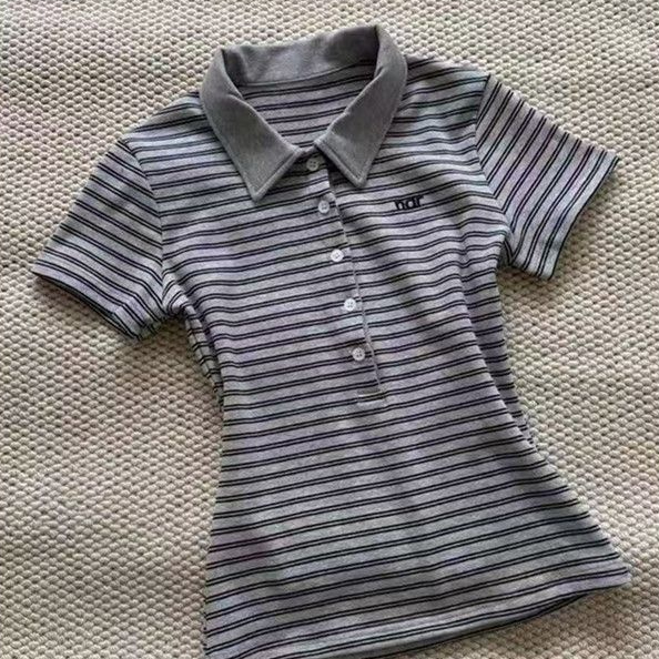 Vintage Stripe Short Sleeve Women's New All-match Design Sense Slim Fit Slimming