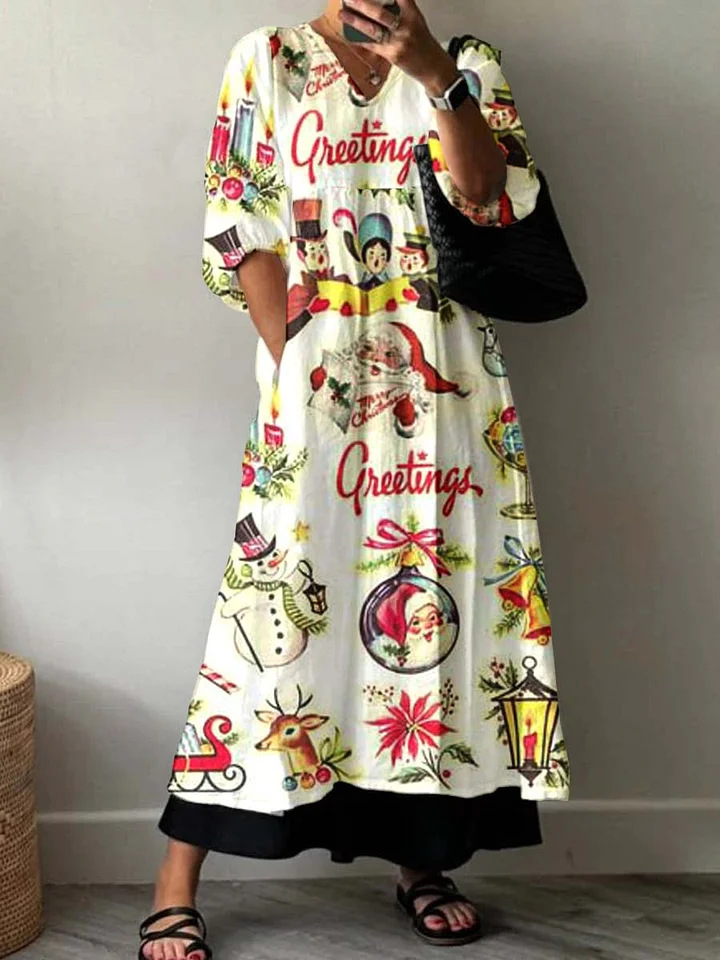 European And American Women's Casual Fashion Printing V-neck Mid-length Dress
